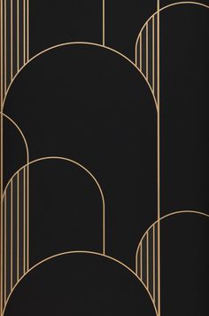 an abstract black and gold wallpaper with curved lines on it's sides, in the style of art deco