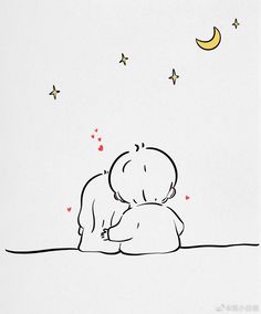 a drawing of a baby laying on the ground next to a crescent moon and stars