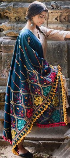 Blue color Dupatta in Cotton fabric with Embroidered, Thread work Punjabi Kurta, Shawl Dupatta, Fancy Shawl, Tassel Lace, Ethnic Dresses, Embroidered Shawl, Blue Shawl, Kurti Designs Latest, Maxi Rok