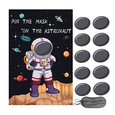 a spaceman is standing on the moon with planets around him