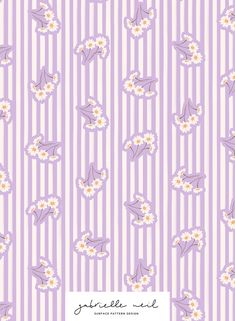 a purple and white striped wallpaper with flowers