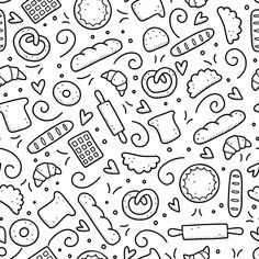 a black and white pattern with different food items on the bottom, including donuts, breads, pretzels, doughnuts, and more