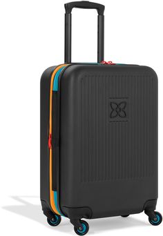 a piece of luggage with wheels is shown on a white background and has an orange, blue, and yellow stripe around the handle