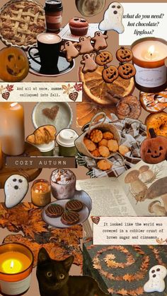 a collage of pumpkins, cookies and candles