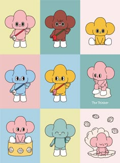 an image of cartoon elephants with different colors and shapes on them, including one elephant holding a