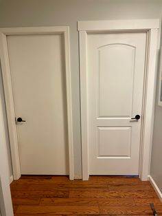 Panel door and craftsman trim 6 Panel Door With Black Hardware, Bedroom Door Trim Ideas, Interior Home Trim Ideas, Wide Trim Around Doors, Simple Door Trim Ideas Interior, Base Board And Door Trim Ideas, Square Door Trim, Non White Trim Interior, Simple Door Trim