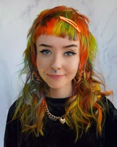 Yellow Vivid Hair, 70s Shag Mullet, Colourful Mullet, Dyed Shag Hair, Colored Bangs Only, Colorful Mullet, Yellow Mullet, Rainbow Roots, Halloween Hair Color