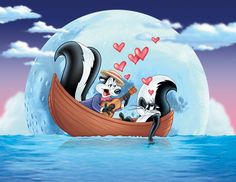 two animals in a boat on the water with hearts floating out of it's mouth