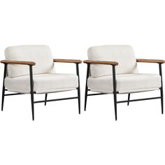 two chairs with wooden arms and white upholstered fabric