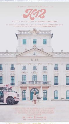 a movie poster with a woman standing in front of a large white building