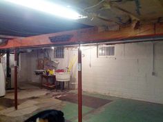 an unfinished garage with a black and white dog in the foreground looking at something on the ground