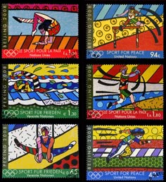 four postage stamps depicting the olympic games in different colors and designs, each with an image of a woman on skis