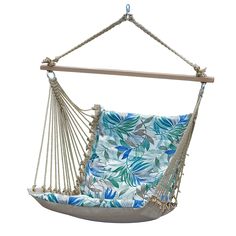 a blue and white tropical print hammock chair