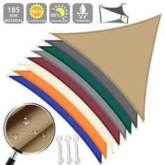 various colors and sizes of shade sail on white background with magnifying glass next to it