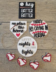 some baseball themed decorations on a wooden table