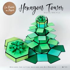 a paper hexagon tower is shown in green and blue