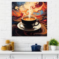 a coffee cup with steam rising out of it on top of a white table next to a