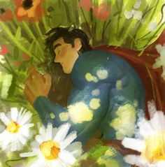 a digital painting of a man sitting in the grass with daisies and flowers around him