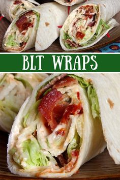 the wrap has bacon, lettuce and cheese on it with text overlay