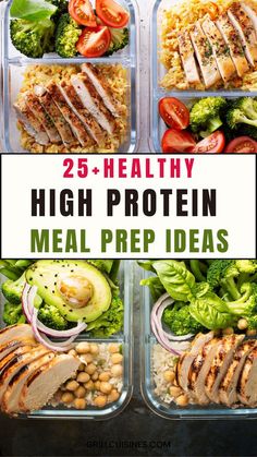 healthy meal prepped in containers with the words 25 healthy high protein meal prep ideas