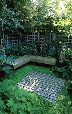 a garden with lots of green plants and some bricks in the ground, surrounded by greenery