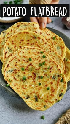 three flatbreads on a plate with text overlay reading how to make potato flat bread