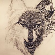 a drawing of a wolf with feathers on its head