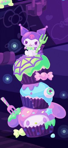 a bunch of cupcakes stacked on top of each other in front of a purple background