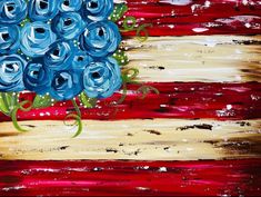 a painting of blue roses on an american flag painted with acrylic paint by hand