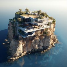 an aerial view of a house on top of a cliff