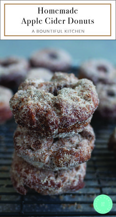 homemade apple cider donuts stacked on top of each other with text overlay