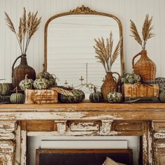 a mantel with pumpkins and gourds on it in front of a mirror