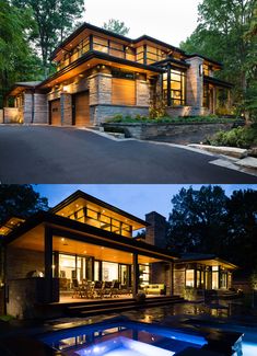 two different views of a modern house at night and in the day with lights on