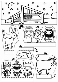 the nativity scene is outlined in black and white, with an outline of animals