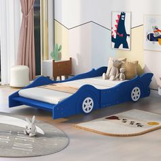 Race Car Shaped Twin Size Platform Bed With Four Wheels Race Car Design, Race Car Bed, Trundle Bed With Storage, Full Size Platform Bed, Bed Storage Drawers, Solid Wood Platform Bed, Car Bed, Twin Bed Frame, Floor Bed