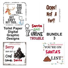 four different types of christmas cards with santa's list and other holiday sayings