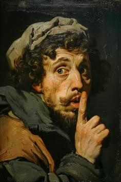 Painting of Man Asking for Silence in Caravaggio Style Master Portrait Painting, Rennesaince Paintings, Renecansse Paintings, Modern Baroque Art, Old Portraits Painting, Famous Artwork Paintings, Rennaisance Paintings Art, Baroque Portrait, Old Masters Paintings