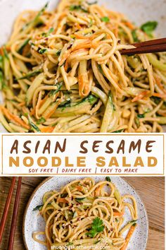 This nut and soy free asian noodle salad recipe is made with sesame ginger garlic dressing is loaded with authentic flavors. Not only is this recipe easy to make, but it is also hands down the best noodle salad recipe you will ever try, and is easily customizable! From the thinly sliced vegetables, to the tasty noodles, and zing-y sauce, you will be asking for more! #AsianNoodles #NoodleSalad #SoyFree #NutFree #DairyFree #SesameGinger Sesame Noodle Salad Cold, Asian Cold Noodle Salad, Sunomono Salad, Asian Noodle Salad Recipe, Noodle Salads, Sesame Noodle Salad, Sesame Seed Dressing