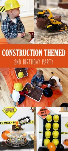 construction themed 2nd birthday party with cake and toys