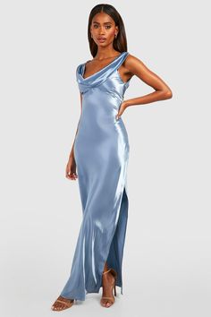 Womens Bridesmaid Satin Cowl Neck Slip Dress - Blue - 4 - Looking for something special for your bridal party to wear on your big day? This long bridesmaid dress is perfect for making a statement. The elegant, classic design is universally flattering and will have your maids looking amazing in all your wedding photos. Made from beautiful, flowing fabric, this dress is sure to make your party feel amazing. Whether you're looking for something classic or modern, this long bridesmaid gown is the pe Cowl Neck Slip Dress, Bridesmaid Satin, Bridesmaid Dresses Satin, Blue Satin Dress, Bridesmaid Dress Collection, Bandeau Maxi Dress, Flowing Fabric