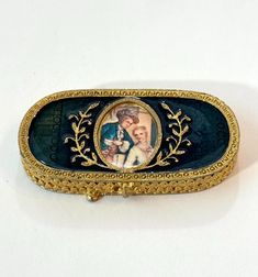 Vintage Estee Lauder Solid Perfume Compact Box Keepsake Fragrance 1973 Blue Enamel 18th Century Couple Portrait Estate Collectible 18th Century Couple, Magnified Images, Solid Necklace, Estee Lauder Makeup, Couple Portrait, Solid Perfume, Estée Lauder