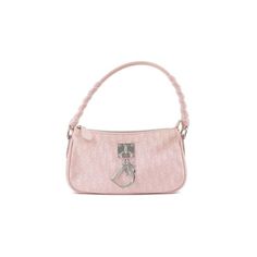 a pink handbag with a metal clasp on the front and side, sitting against a white background