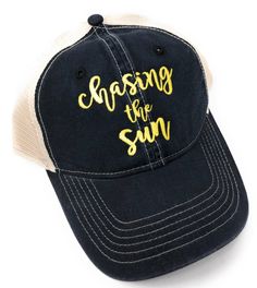 "This embroidered \"Chasing The Sun\" hat is a cute and comfy accessory to sport this season! Available in trucker or pigment dyed baseball hats! We can also add a monogram, name, or short phrase to the back of your hats for an additional fee. Please click the link below for more information... https://www.etsy.com/listing/547245494/add-personalization-to-the-back-or-side If you choose this option, please leave your monogram, name, or phrase, font selection, and thread color choice in the note t Adjustable Trucker Hat With Embroidered Logo And Visor, Fun Baseball Cap With Embroidered Logo, Fun Embroidered Logo Baseball Cap, Fun Hats With Embroidered Logo, Fun Hats With Embroidered Logo One Size, Fun Embroidered Logo Hat One Size, Fun Embroidered Snapback Hats, Adjustable Embroidered Trucker Baseball Cap, Adjustable Trucker Baseball Cap With Embroidery