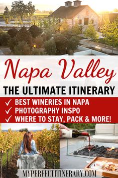 the napa valley winery in napa, california with text overlaying it