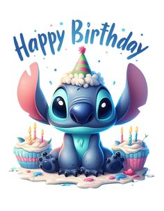 a birthday card with an image of stitchy in a party hat and cupcakes