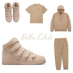 an assortment of items including sneakers, sweatshirts and pants with the words billie elih written on them