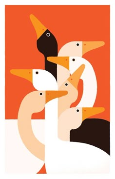 three ducks are standing together in front of an orange background with white and black ones