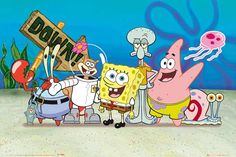 spongebob and friends standing in front of a sign