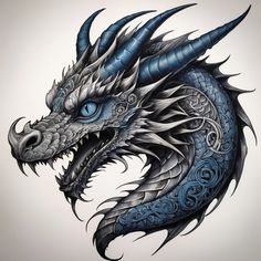 a drawing of a dragon with blue eyes