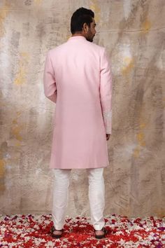 Shop for Smriti by Anju Agarwal Pink Arnit Embroidered Sherwani Set for Men Online at Aza Fashions Fitted Pink Sherwani For Reception, Fitted Pink Sherwani With Dabka Details, Fitted Pink Sherwani With Chikankari Embroidery, Pink Bandhgala With Chikankari Embroidery, Pink Fitted Sherwani With Chikankari Embroidery, Fitted Pink Bandhgala With Dabka Work, Pink Fitted Bandhgala With Dabka Work, Pink Embroidered Semi-stitched Sherwani, Pink Fitted Sherwani For Designer Wear